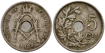 Бельгия 5 сантимов 1922 Belgique KM 66 медно-никель 4602-129