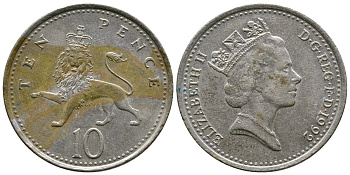 Великобритания 10 пенсов 1992 Елизавета II (1952-2022) KM 938b, Spink 4367 (F4) медно-никель 4179-924