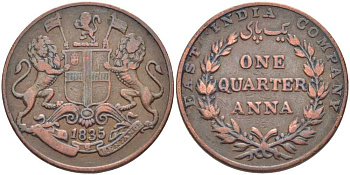 Британская Индия 1/4 анна 1835 Британская Ост-Индская компания, легенда большая KM 446.1 медь 119-232