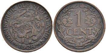 Нидерланды 1 цент 1928 Вильгельмина (1890-1948) KM 152 бронза 4576-738