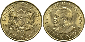 Кения 10 центов 1969 Джомо Кениата KM 11 никель латунь 4526-1112