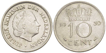 НИДЕРЛАНДЫ 10 ЦЕНТОВ 1959 ЮЛИАНА KM 182 никель 66-819