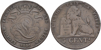 БЕЛЬГИЯ 5 САНТИМОВ 1856 BELGES KM 5.1 медь 110-221