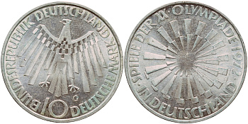 ФРГ 10 МАРОК 1972 G, ОЛИМПИАДА, СПИРАЛЬ J 401b, KM 134.1 серебро aUNC 1522-334
