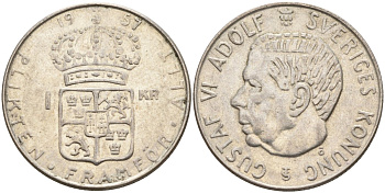 Швеция 1 крона 1957 TS, Густав VI Адольф (1950-1973) KM 826 серебро 4148-1156