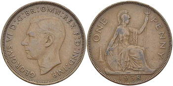 Великобритания 1 пенни 1938 Георг VI (1936-1952) КМ 845, Spink 4114 бронза 180-1214