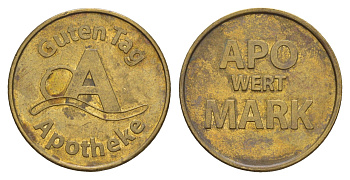ФРГ аптечный жетон - Guten Tag Apotheke диаметр 23 мм, вес 8,7 гр латунь 4656-653