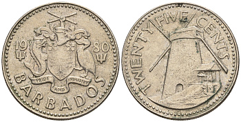 Барбадос 25 центов 1980 ветряная мельница Моргана Льюиса KM 13 медно-никель 87-245