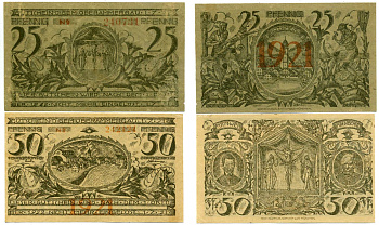 Обераммергау лот из 2 банкнот 1921 1 июля 1921 - 1 октября 1922, нотгельд (25, 50 пфеннигов), земля Бавария Grabowski 922.6 бумага 2196-2-2-2