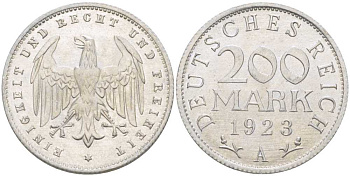 ГЕРМАНИЯ 200 МАРОК 1923 A KM 35, J. 304, Weege 22 алюминий 210-453