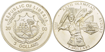 ЛИБЕРИЯ 5 ДОЛЛАРОВ 2000 XXXVII ОЛИМПИЙСКИЕ ИГРЫ В СИДНЕЕ, КОПЬЕМЕТАТЕЛЬ, СИДНЕЙСКАЯ ОПЕРА, ДИАМЕТР 32 ММ., ВЕС 14,83 ГР., ТИРАЖ 20000 ЭКЗ. KM 735 медно-никель UNC 1084-10-74