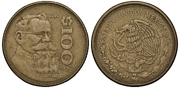 Мексика 100 песо 1987 Мо, Венустиано Карранса де ла Гарса KM 493 алюминиевая бронза G 215-1012