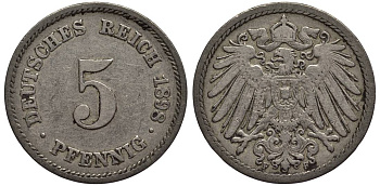 ГЕРМАНИЯ 5 ПФЕННИГОВ 1898 F KM 11, Jager 12, Weege 6 медно-никель 4547-359