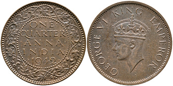 Британская Индия 1/4 анна 1942 Георг VI (1937-1952) KM 531 бронза aUNC 4178-441
