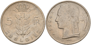 Бельгия 5 франков 1964 Belgie, Бодуэн I (1951-1993) KM 135.1 медно-никель 4187-256