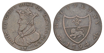 Великобритания, Ланкашир, Ланкастер 1/2 пенни 1794 Джон Гонт Dalton & Hamer 43 медь 1528-1115