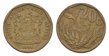 ЮАР 20 центов 1994 герб, цветок протея KM 136 сталь плакированная бронзой 4380-1012
