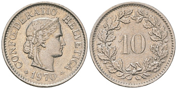 Швейцария 10 раппенов 1970 KM 27 медно-никель 4564-1266
