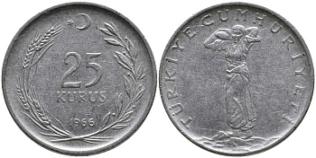 Турция 25 курушей 1966 KM 892.2 нержавеющая сталь 4541-553