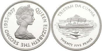 Тристан-да-Кунья 25 пенсов 1977 25 лет правления Елизаветы II, в оригинальной коробке KM 1а серебро PROOF 00-00