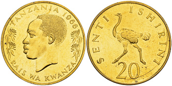 Танзания 20 центов 1966 KM 2 никель латунь PROOF 00-00