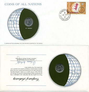 Восточно-Карибские штаты, Сент-Винсент 10 центов 1965 конверт с маркой первого дня гашения, Coins of Nations KM 5 медно-никель UNC 4294-71-3
