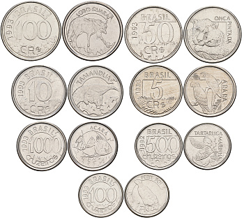 Бразилия лот из 7 монет 1992-1994 (100, 500, 1000 крузейро, 5, 10, 50, 100 крузейро рейс), животные UNC N2-25