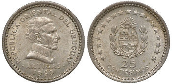 Уругвай 25 сентесимо 1960 KM 40 медно-никель 4169-949