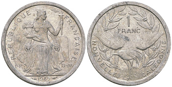 Французская Новая Каледония 1 франк 1985 птица кагу, (IEOM) KM 10, Schoen 10, Lec 47 алюминий 51-2853