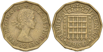 Великобритания 3 пенса 1964 Елизавета II (1952-2022) KM 900, Spink 4153 никель латунь 4556-514