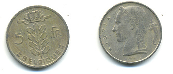 БЕЛЬГИЯ 5 ФРАНКОВ 1971 BELGIQUE KM 142.1 медно-никель 3999-847