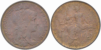 ФРАНЦИЯ 5 САНТИМОВ 1906 ТИП ДАНИЭЛЬ ДЮПЮИ KM 842, LE FRANC 119.16 бронза 108-851