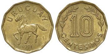 Уругвай 10 сентесимо 1981 KM 66 алюминиевая бронза 4169-549