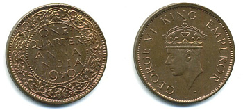 Британская Индия 1/4 анна 1940 Георг VI (1936-1952) KM 530 56-1013