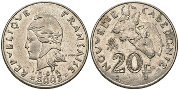 Французская Новая Каледония 20 франков 2005 три быка, (IEOM) KM 12, Schoen 14, Lec 115i никель 81-826