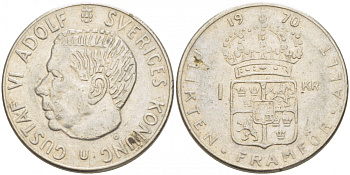 Швеция 1 крона 1970 Густав VI Адольф (1950-1973) KM 826a медь плакированная медно-никелем 3718-624