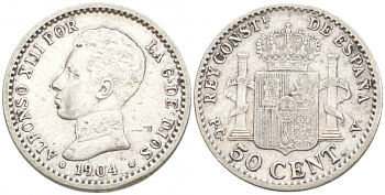 ИСПАНИЯ 50 СЕНТИМО 1904 (10) PC-V, АЛЬФОНСО XIII KM 723 серебро 44-926