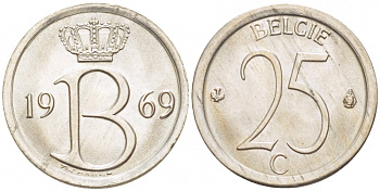 Бельгия 25 сантимов 1969 Belgie, Бодуэн I (1951-1993) KM 154.1 медно-никель UNC 3996-1042