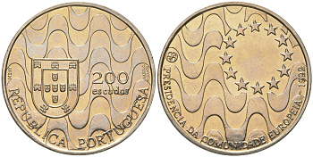 Португалия 200 эскудо 1992 Председательство Португалии в Евросоюзе KM 663 медно-никель UNC 74-321