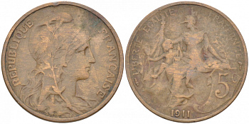 ФРАНЦИЯ 5 САНТИМОВ 1911 ТИП ДАНИЭЛЬ ДЮПЮИ KM 842, LE FRANC 119.23 бронза 77-251