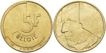 БЕЛЬГИЯ 5 ФРАНКОВ 1986 BELGIE KM 164 латунь или алюминиевая бронза 4391-212