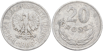 ПОЛЬША 20 ГРОШЕЙ 1966 MW KM А47 алюминий 106-434