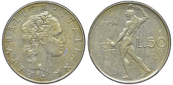 Италия 50 лир 1956 R, бог огня Вулкан у наковальни KM 95.1 нержавеющая сталь 4142-1146