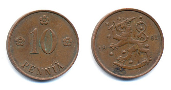 Финляндия 10 пенни 1931 республика (1918-1962) KM 24 медь 51-5335