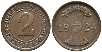 ГЕРМАНИЯ 2 РЕНТЕНПФЕННИГА 1924 E KM 31, J. 307 бронза 24-644