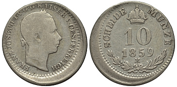 Австрия 10 крейцеров 1859 M, технологический брак чеканки, смещение J. 325 серебро 413-4745