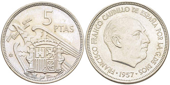 Испания 5 песет 1957 (75) Франциско Франко (1939-1975) KM 786 медно-никель 4523-454