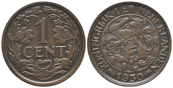 НИДЕРЛАНДЫ 1 ЦЕНТ 1930 ВИЛЬГЕЛЬМИНА (1890-1948) KM 152 бронза 100-852