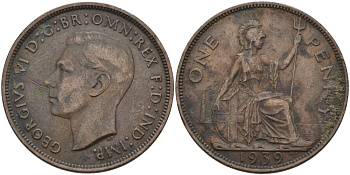 Великобритания 1 пенни 1939 Георг VI (1936-1952) KM 845, Spink 4114 бронза 4574-125