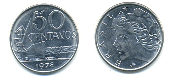 Бразилия 50 сентаво 1978 голова свободы влево KM 580b, Schon 85b нержавеющая сталь UNC 86-1051